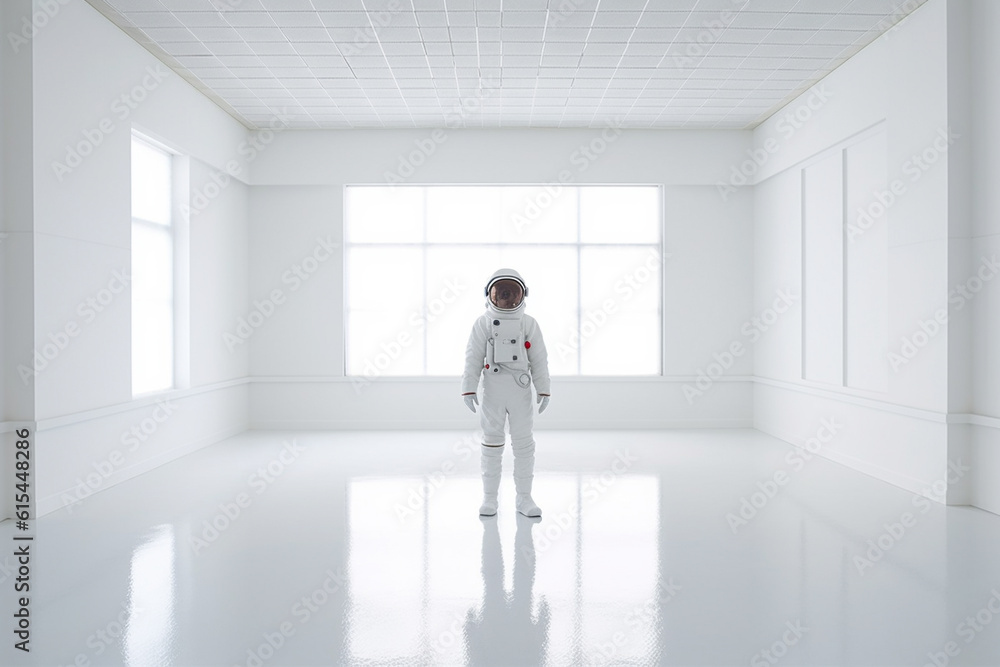 Encounter an intriguing sight of an astronaut standing poised within a pristine white room, evoking a sense of exploration and wonder. Ai generated Encounter an intriguing sight of an astronaut standing poised within a pristine white room, evoking a sense of exploration and wonder. Ai generated