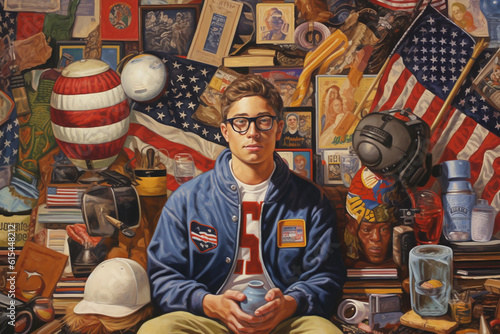 Student guy in glasses sits in room with flags and other objects