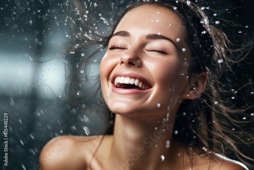 A close - up photo of a happy woman model with water splashes, emphasizing the concept of skincare hydration and beauty. Generative AI © Mustafa