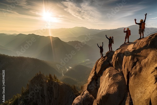 Tableau sur toile A team of climbers at the top of a high mountain in the light of the setting sun