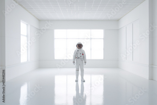 Encounter an intriguing sight of an astronaut standing poised within a pristine white room, evoking a sense of exploration and wonder. Ai generated