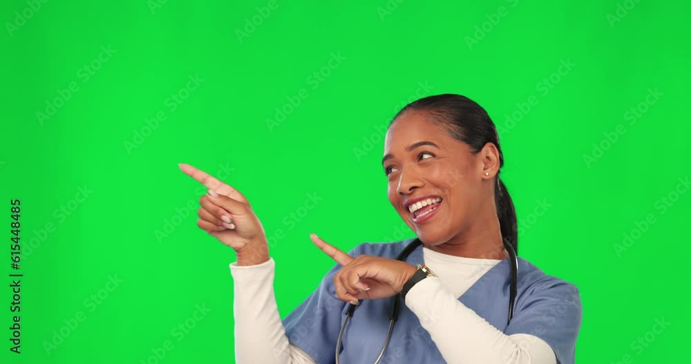 Woman, doctor and happy dancing by green screen with moving, face and pointing with mockup space. Young female medic, nurse and excited face for comic dance, healthcare promotion or studio background Woman, doctor and happy dancing by green screen with moving, face and pointing with mockup space. Young female medic, nurse and excited face for comic dance, healthcare promotion or studio background