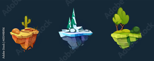 Flying stone islands, three different types: desert island, winter island, forest island