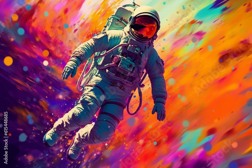 Abstract image of cosmonaut in colors of rainbow