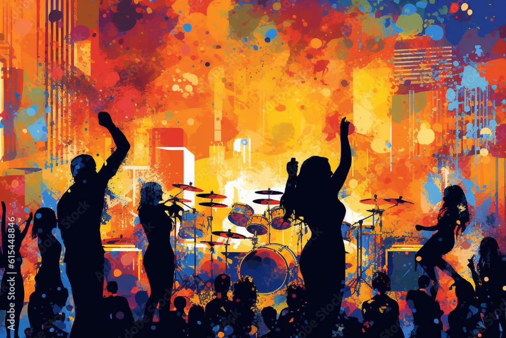 illustration of famous musicians performing on stage during a concert