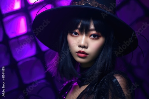 A close - up photograph featuring a young Asian woman in her 20s, immersed in the Halloween spirit. Generative AI