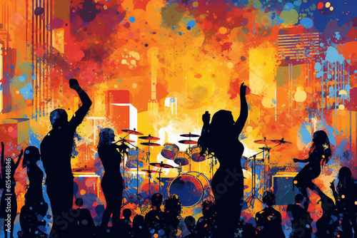 illustration of famous musicians performing on stage during a concert