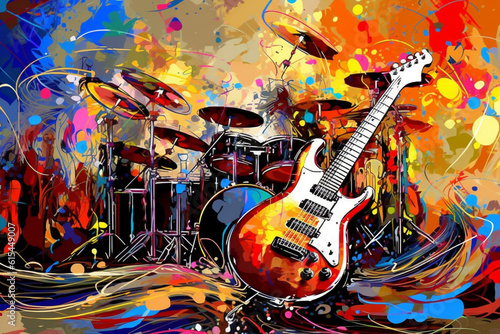 Bright color illustration of guitar in pain style