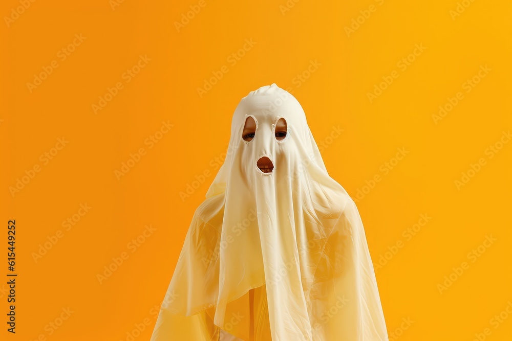 A close - up photograph featuring a delightful child dressed as a ghost, exuding pure joy and happiness on Halloween. Generative AI A close - up photograph featuring a delightful child dressed as a ghost, exuding pure joy and happiness on Halloween. Generative AI