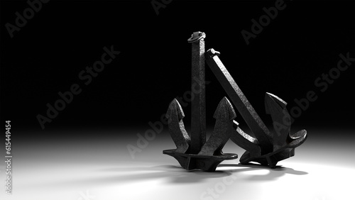 3D render of a cast iron anchor. 3D art, illustrations, completely realistic.