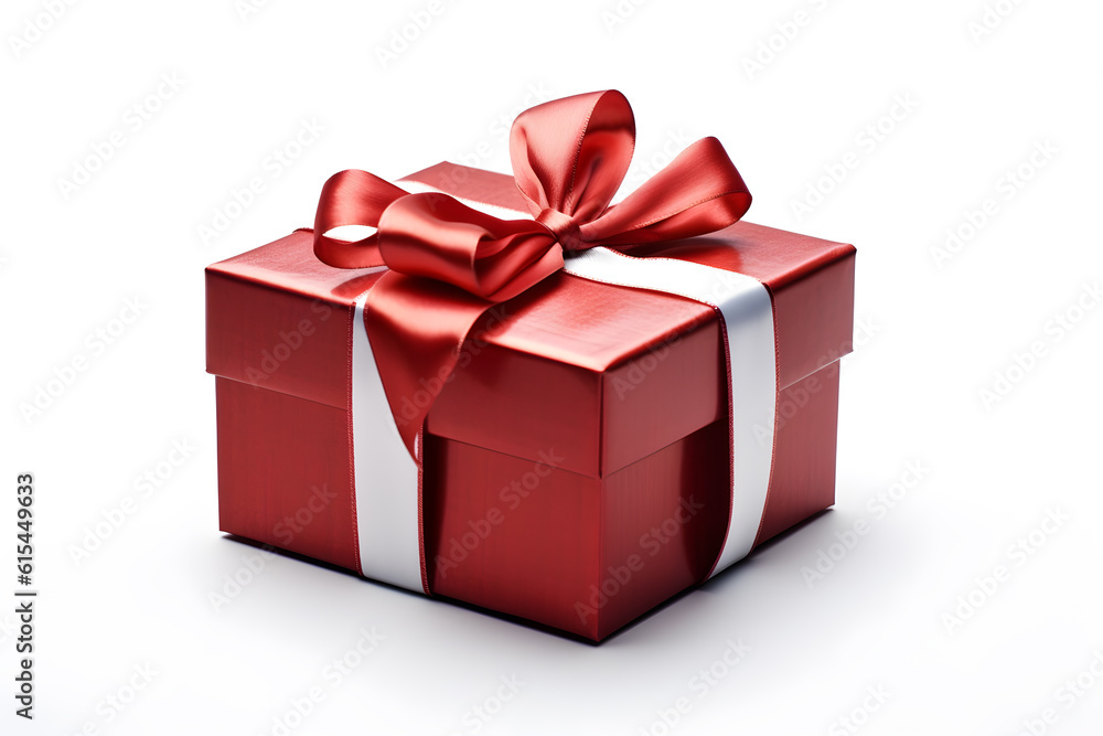 Obraz premium a red gift box with a red ribbon on wite background, Generative AI
