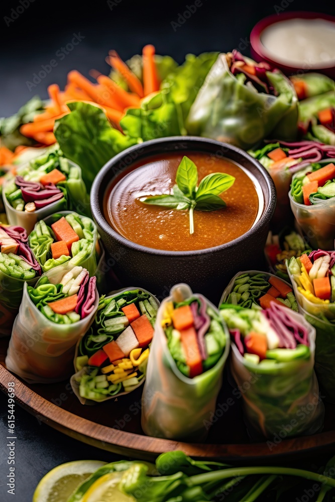 A plate of colorful vegetable spring rolls, showcasing a variety of fresh vegetables. Generative AI. A plate of colorful vegetable spring rolls, showcasing a variety of fresh vegetables. Generative AI.