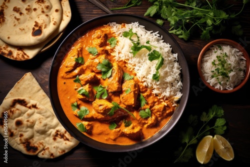 A bowl of creamy and flavorful butter chicken curry. Generative AI.