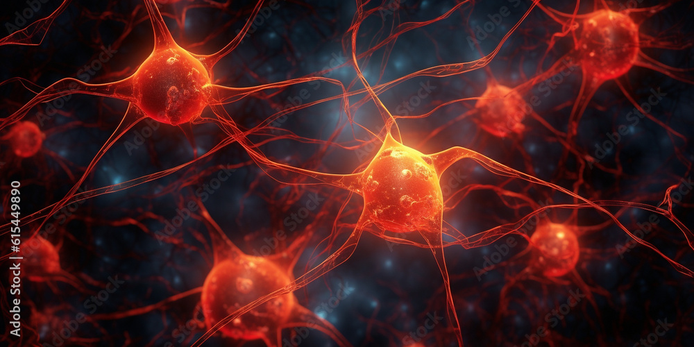 Synapsen Knoten Nervenbahnen im Gehirn eines menschlichen Kopfes, ai generativ