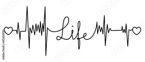 Life. The text is embellished with pulses and hearts. Sketch. Vector illustration. Broken zigzag line and handwritten inscription. Outline on isolated background. Idea for web design, invitations.