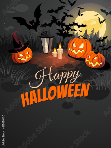 Halloween banner with tradition symbols. Pumpkins and bats on black Moon background, illustration.
