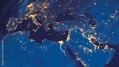 Fototapeta Naklejka Na Ścianę i Meble -  Earth photo at night, World map. Satellite photo. City Lights of Europe. Elements of this image furnished by NASA