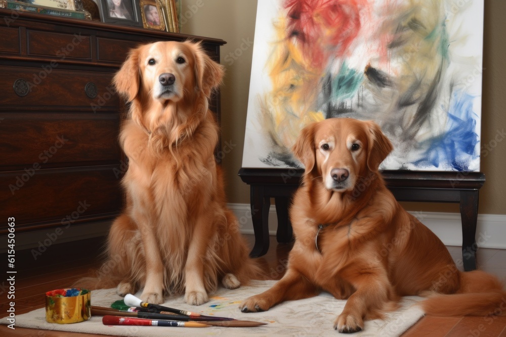 Fotografie two pets, one brush, and a blank canvas, created with generative ai