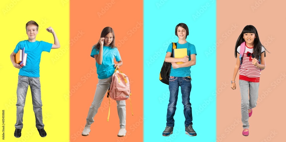 Obraz premium Set of cute happy school children on color background