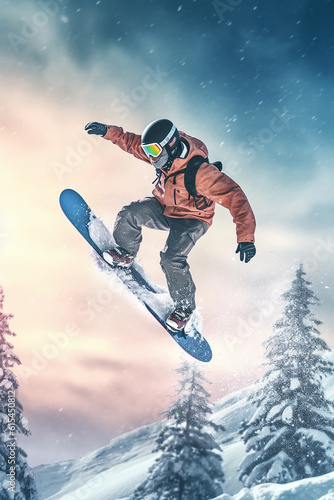 Man riding snowboard, outdoor, jumping high