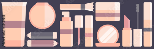 Vector set of cosmetics for makeup and skin care. Image of elements on a dark background. Illustration for selling cosmetics.