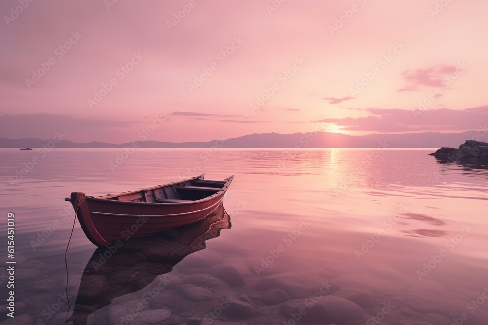 Solitude's Serenade: Dawn on the Sea with a Gentle Romantic Boat, 
dawn, sea, lonely boat, gentle, romantic, serenade, solitude, tranquil, calm, peaceful, morning, ocean, water,