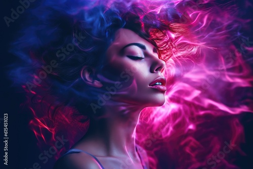 Portrait of a beautiful young woman with bright make-up and smoke in her hair. Generated AI