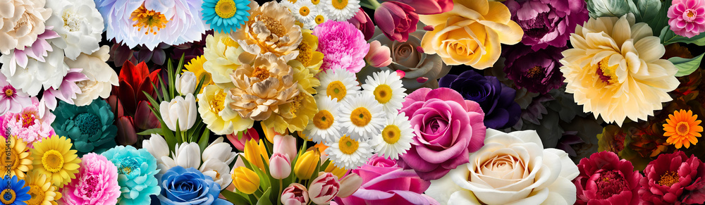 Flowers wall background with amazing red,orange,pink,purple,green and white flowers ,Wedding decoration. Generative AI Flowers wall background with amazing red,orange,pink,purple,green and white flowers ,Wedding decoration. Generative AI