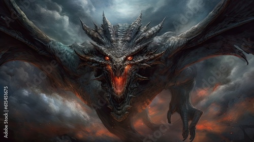 Portrait of black dragon in smoke and fire