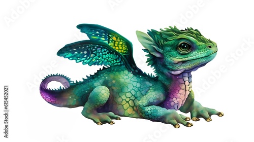 Cute Baby Green Dragon Sitting isolated on white. Generative AI