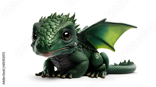 Cute Baby Green Dragon Sitting isolated on white. Generative AI