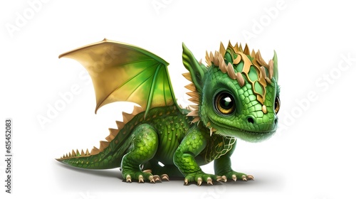 Cute Baby Green Dragon Sitting isolated on white. Generative AI