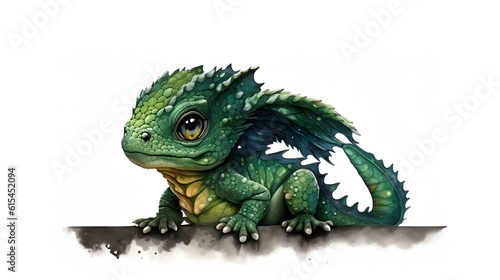 Cute Baby Green Dragon Sitting isolated on white. Generative AI