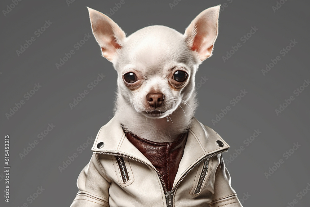 Playful charm of a funny and adorable chihuahua in a leather jacket in a delightful portrait session at the studio. Ai generated