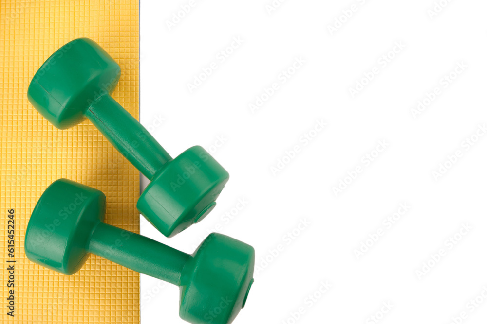 Dumbbells green isolate, leg weights black and yellow, fitness, Dumbbells green isolate, leg weights black and yellow, fitness,