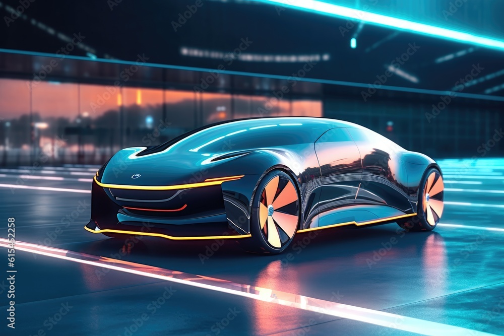 Naklejka premium Atmospheric scene featuring futuristic unmanned vehicle. Generative AI