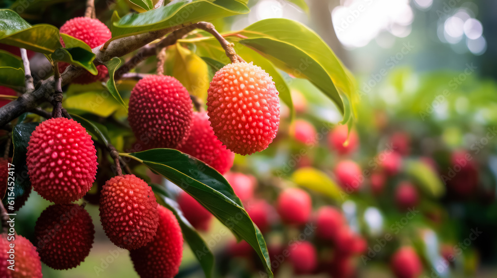 Ripe lychees growing on trees in orchard, background with space for text, copy space, generative AI Ripe lychees growing on trees in orchard, background with space for text, copy space, generative AI