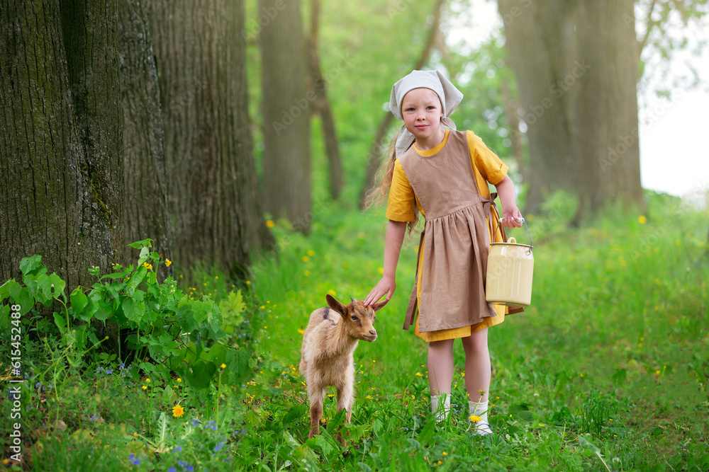 a young brown goat walks with a girl on a lawn in the village on a summer day a young brown goat walks with a girl on a lawn in the village on a summer day
