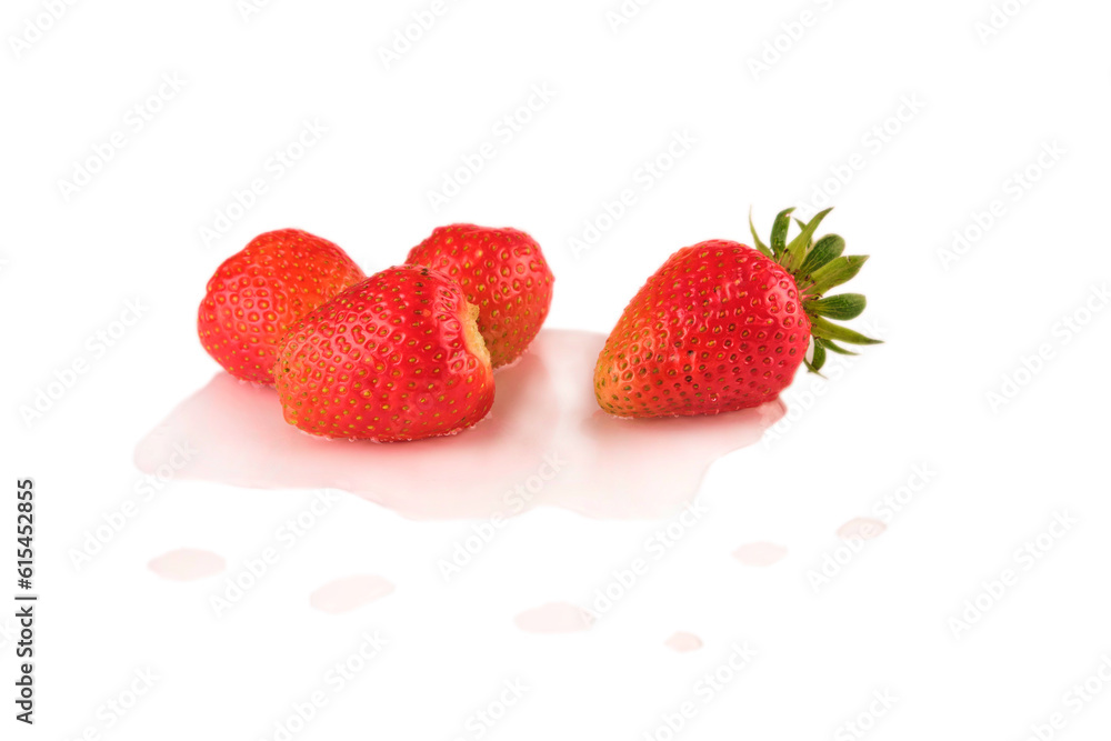 4 ripe strawberries berries isolate in water, reflection. Natural from the garden. Strawberry with root, leaves 4 ripe strawberries berries isolate in water, reflection. Natural from the garden. Strawberry with root, leaves