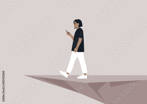 A young Caucasian character distracted by a smartphone striding to an abyss, nomophobia, millennial lifestyle
