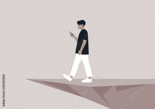 A young Asian character distracted by a smartphone striding to an abyss, nomophobia, millennial lifestyle