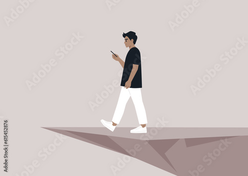 A young Caucasian character distracted by a smartphone striding to an abyss, nomophobia, millennial lifestyle