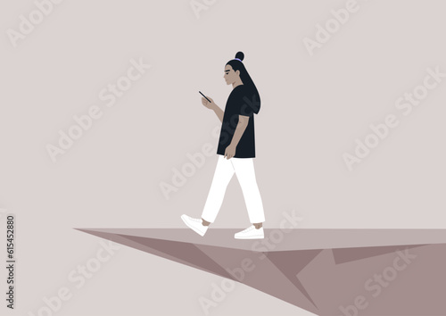 A young Asian character distracted by a smartphone striding to an abyss, nomophobia, millennial lifestyle