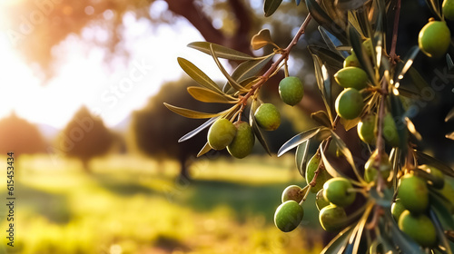 Ripe olives growing on trees in orchard, background with space for text, copy space, generative AI