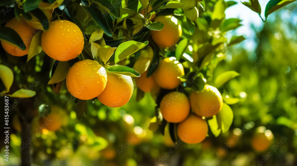 Ripe oranges growing on trees in orchard, background with space for text, copy space, generative AI
Ripe oranges growing on trees in orchard, background with space for text, copy space, generative AI