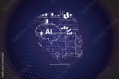 Abstract polygonal human brain. Low poly wire frame vector illustration on a dark background suitable for visualization of artificial intelligence technology