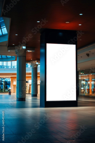 An empty billboard in the hall of the shopping center, vertical orientation, generative ai