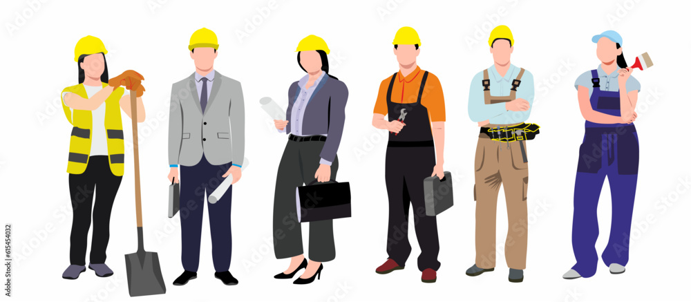 set of male and female builders and construction workers in helmets ...