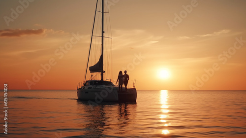 Casal olhando o pôr do sol no iate. Férias românticas photo