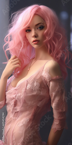 Fashion Model mit Rosa Haaren und Kleid im Manga Stil verspielt im schönen Licht, ai generativ photo